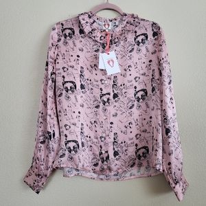 NWT Shrimps Pink Doodle Silk Blouse Top sz 10